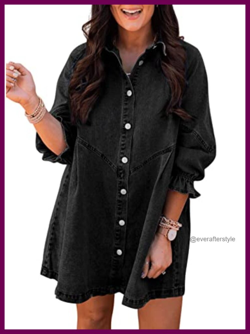 Sidefeel Denim Mini Dress Smocked 3/4 Sleeve Button Down Casual